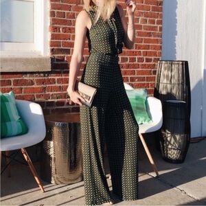 Bailey 44 Tie Neck Sleeveless Jumpsuit Green Micro Floral Pussybow Wide Leg S